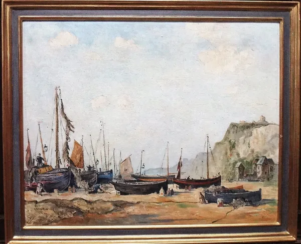 Ernest Willis (20th century), Boats on the shore, oil on canvas, signed, 39cm x 50cm.