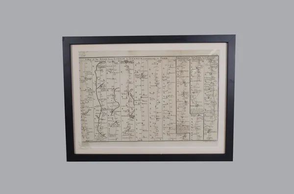 After J Gibson; a framed George III strip map showing the coach route from York to Berwick and ancillary routes, from The Gentleman's Magazine publish