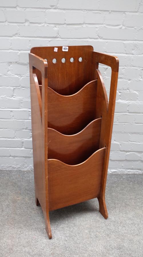 An early 20th century Glasgow School inlaid mahogany three tier magazine stand, 37cm wide x 96cm high.