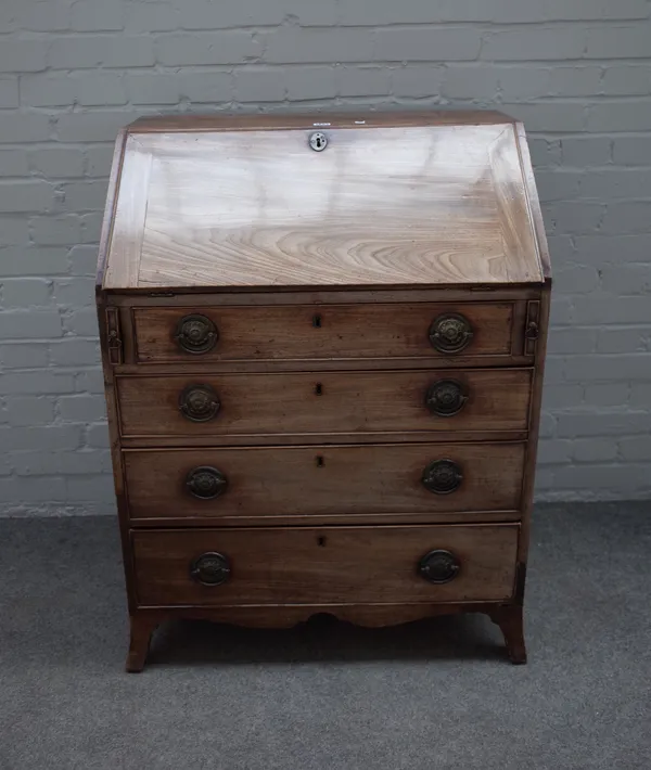 A George III mahogany bureau, the fall over four long graduated drawers on splayed bracket feet, 76cm wide x 104cm high.