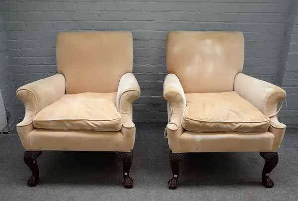 An early 20th century three piece suite, of early 18th century style to comprise; a sofa 183cm wide x 97cm high, a pair of armchairs, 81cm wide x 91cm