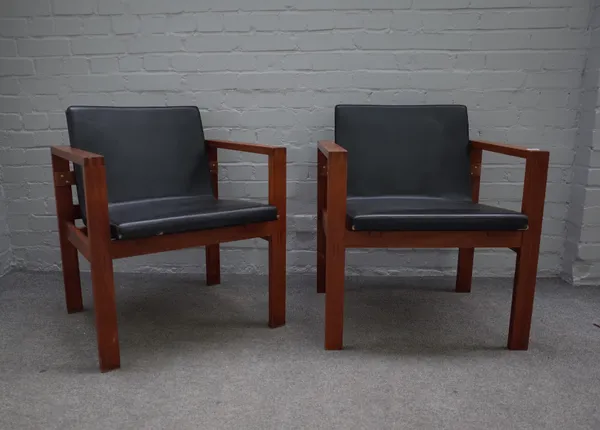 20th century Danish design ; a pair of mid-20th century teak open armchairs on block supports, 64cm wide x 75cm high (2).