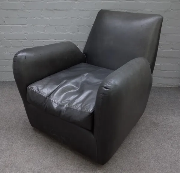 CONRAN; a 20th century black leather upholstered easy armchair, on block beech supports, 83cm wide x 83cm high.