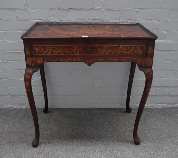 A late 18th century/ early 19th century Dutch marquetry inlaid silver table, the dished rectangular top over frieze drawers stamped 'EDWARDS & ROBERTS