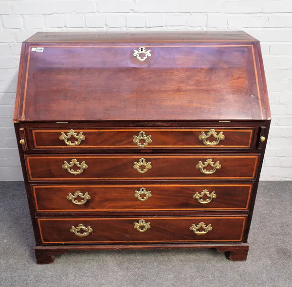 A George III inlaid mahogany bureau, the fall over four long graduated drawers, on bracket feet, 108cm wide x 108cm high.