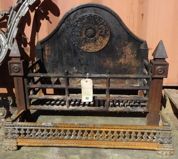 A late 18th century cast iron fire basket, 65cm wide x 57cm high, with a later added fire guard, 65cm wide x 10cm high, (2).