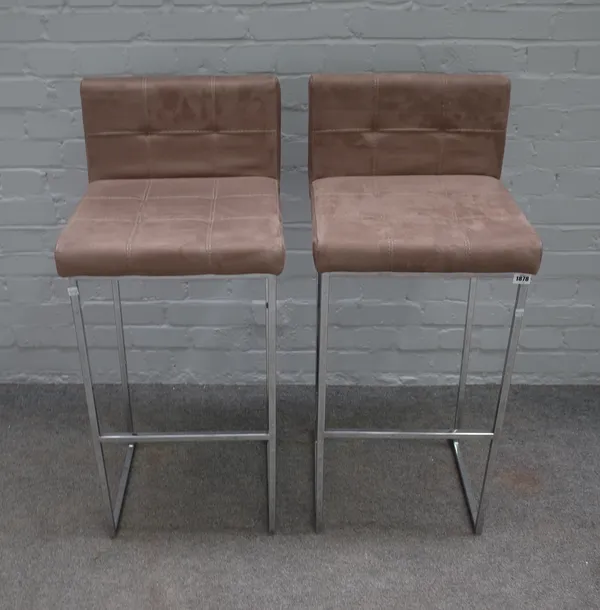 CATTELAN MADE IN ITALY; a pair of suede upholstered bar stools, on polished steel bases, 41cm wide x 95cm high (2).