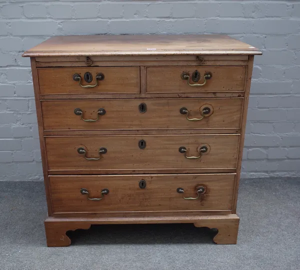 A George II style mahogany bachelor's chest, the brushing slide over two short and three long graduated drawers on bracket feet, 84cm wide x 83cm high