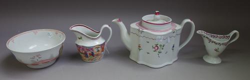 A group of New Hall porcelains, late 18th century, comprising; a `Window' pattern silver shaped milk jug, cup, teabowl and saucer; a `421' pattern slo