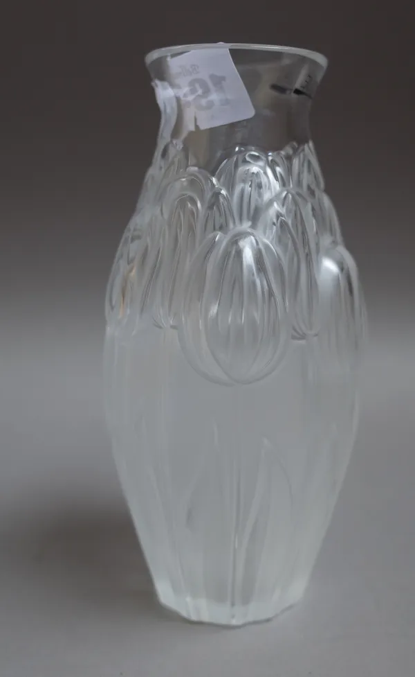 A modern Lalique clear and frosted glass 'Tulipes' vase, the body relief moulded with tulips, etched 'Lalique France' to base, 17cm high.