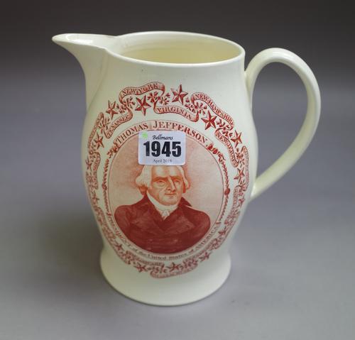 An English creamware jug, probably Liverpool, early 19th century, printed on one side in brick-red with a titled head and shoulders portrait of Thomas