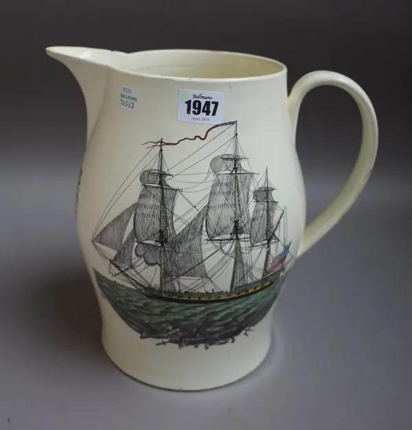 A large Liverpool creamware masonic jug, circa 1800, printed on one side with masonic emblems, the reverse with a three-masted sailing vessel flying t