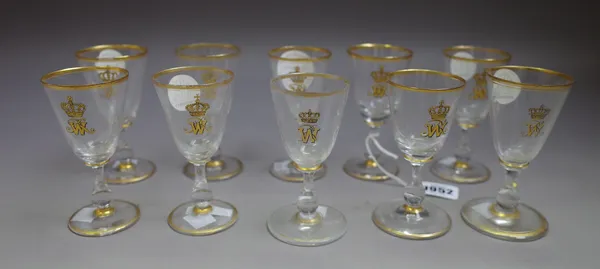 Ten German gilt monogrammed liqueur glasses, late 19th century, each rounded funnel bowl with gilt WR monogram with Prussian Royal crown above for Emp