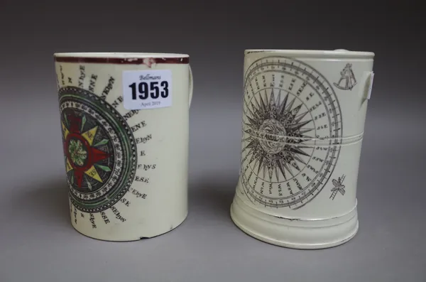 A creamware masonic compass mug, circa 1800 ,printed in black with masonic symbols around a compass, 12cm. high; also another creamware printed compas