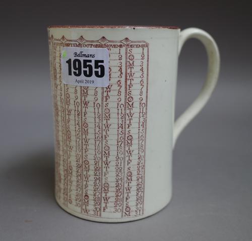 A rare Swansea creamware calendar mug dated 1821, of cylindrical form, printed in sepia with the calendar for 1821, Sunday represented with a face wit