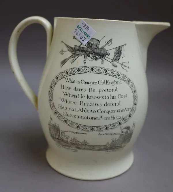 A creamware Napoleonic baluster jug, early 19th century, printed in black with a scene titled `John Bull peppering Buonaparte in the Front and Rear',