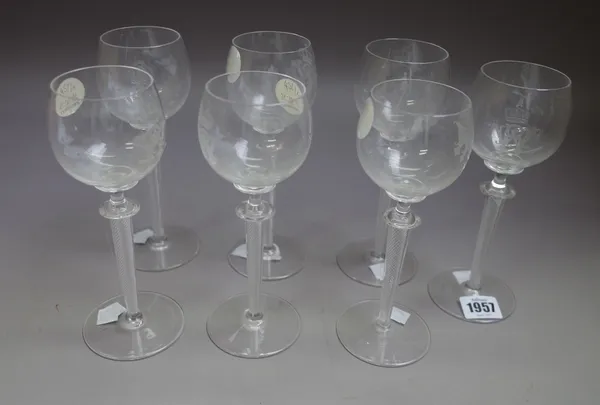 Seven Ehrenfeld engraved monogrammed hock glasses, late 19th century, each engraved with a gothic WR monogram with Prussian Royal crown above for Empe