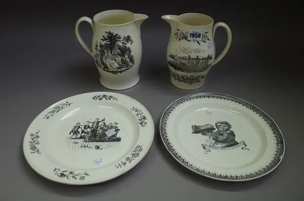 Two creamware baluster jugs, late 18th/early 19th century, one printed with `Dancing Bear' and `God Speed the Plough', the other printed with `Matrimo