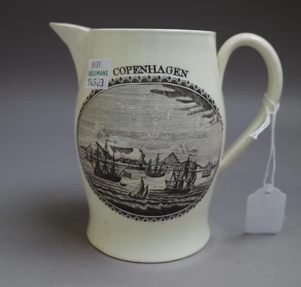 A small creamware baluster jug, early 19th century, printed in black on one side with a naval scene titled `Copenhagen', the reverse printed with HMS