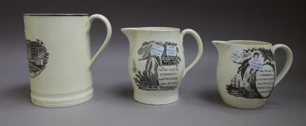 A creamware cylindrical mug, early 19th century, printed with `A West View of the Iron Bridge at Sunderland', 15cm.high;also two other creamware jugs,