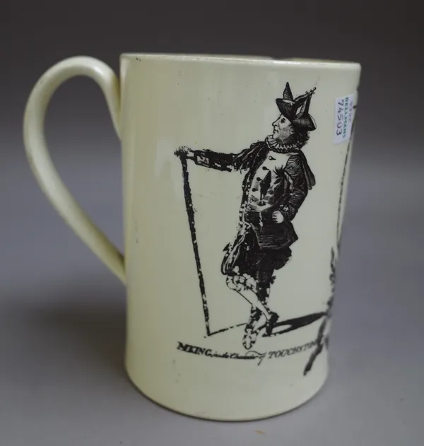 A rare English creamware cylindrical Shakespeare mug, circa 1800, printed with a titled head and shoulders portrait of William Shakespeare flanked on