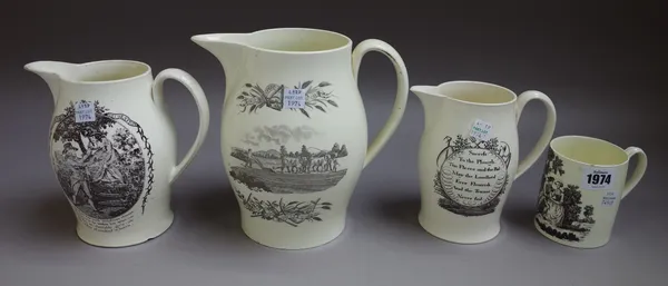 A small creamware cylindrical mug, late 18th century, printed with the `Gallant and Country Lass' 9.25cm. high; and three creamware black printed balu