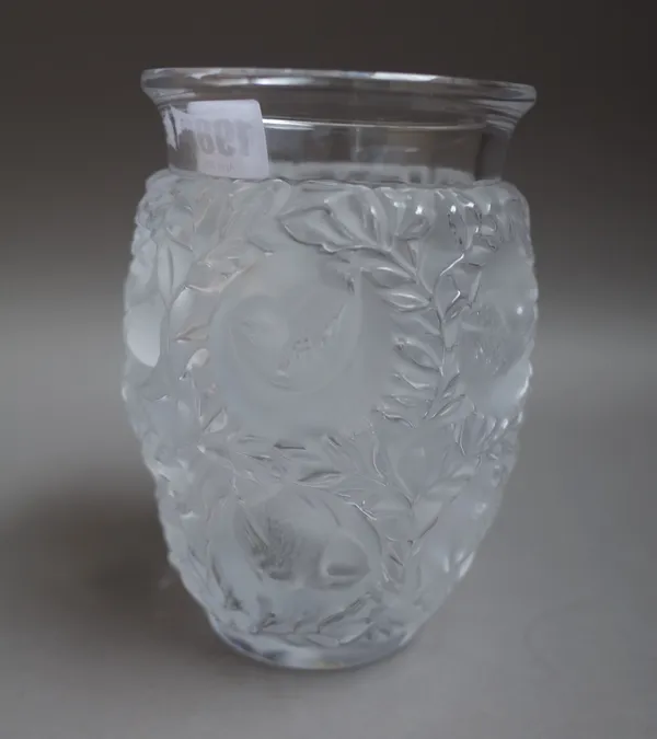 A modern Lalique 'Bagatelle' vase, moulded with birds amongst foliage, etched mark 'Lalique France J865', 17cm high.