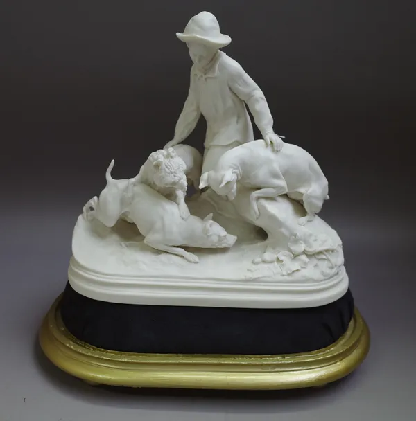 A Copeland parian group, `Boy and terriers', circa 1870, after a model by PJ Mêne, 30cm. high, with stand, (2).