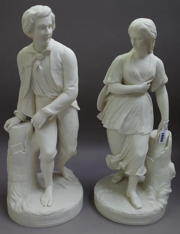 A pair of Copeland parian figures, `Trysting tree male and female', circa 1876, after models by G.Halse, impressed marks, 54cm. and 52cm. high, (2).