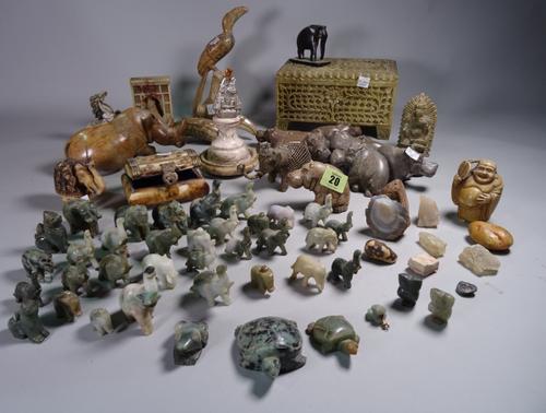 Asian interest, comprising; 20th century soapstone figures of elephants, rhinos, hippos, a hardstone lidded box and sundry, (qty).