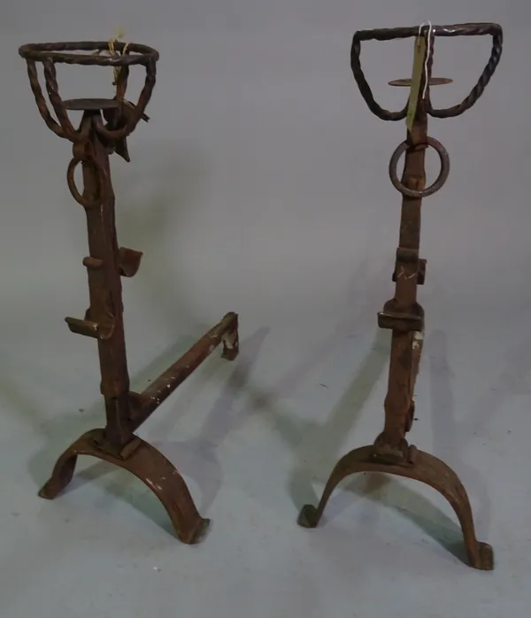 A pair of late 19th century wrought iron andirons, 84cm high (2).