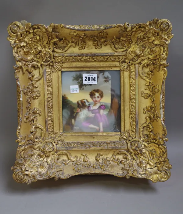 A Continental porcelain plaque, 19th century, painted with a child with dog seated beside a tree, 13.5cm. by 14cm., gilt plaster frame.