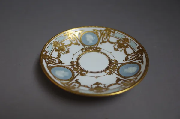 A Mintons pâte-sur-pâte saucer by Alboin Birks, decorated with three circular classical portrait medallions, signed A.Birks, gold printed mark, 12.5cm