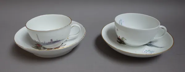 A Meissen cup and saucer, mid 18th century, painted with figures at the water's edge, blue crossed swords mark; and a Meissen cup and saucer, circa 17