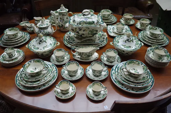 A Mason's 'Chartreuse' pattern part dinner and tea service comprising; a two handled tureen, cover and stand (35cm across the handles), two graduated