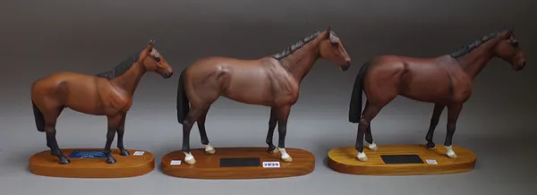 Threee Beswick racehorses from the Connoisseur series; Nijinsky, (x2) and Mill Reef, each on a titled wooden plinth, 28cm high, (3).