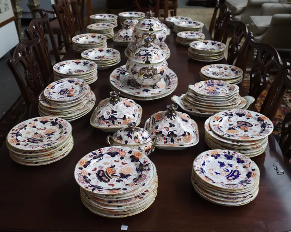 A extensive English porcelain `Japan' pattern part dinner service, 19th century, (damage and staple repairs throughout).