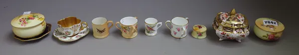 A group of English bone-china, mostly 20th century, comprising; two Royal Worcester blush ivory floral decorated small bowls and covers, a miniature b