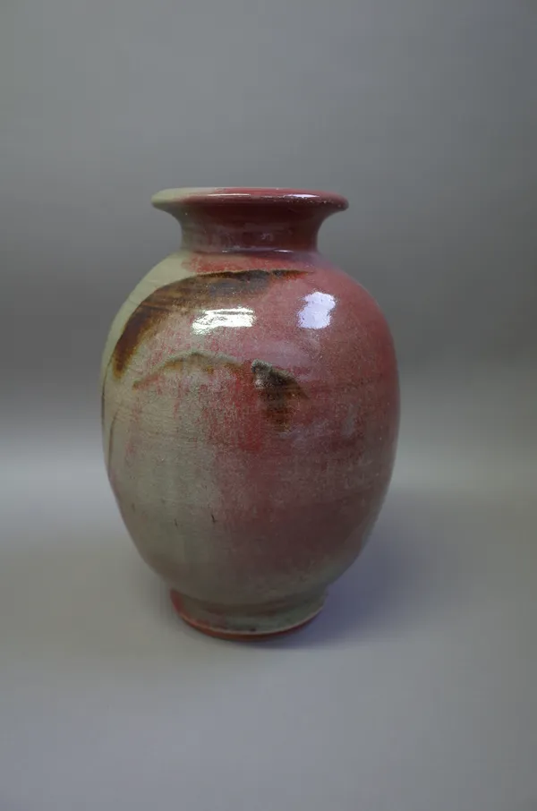 Clare Sutcliffe (1943-2019), a large stoneware vase with reed design and copper red blush, wood fired, makers mark, 35cm high.