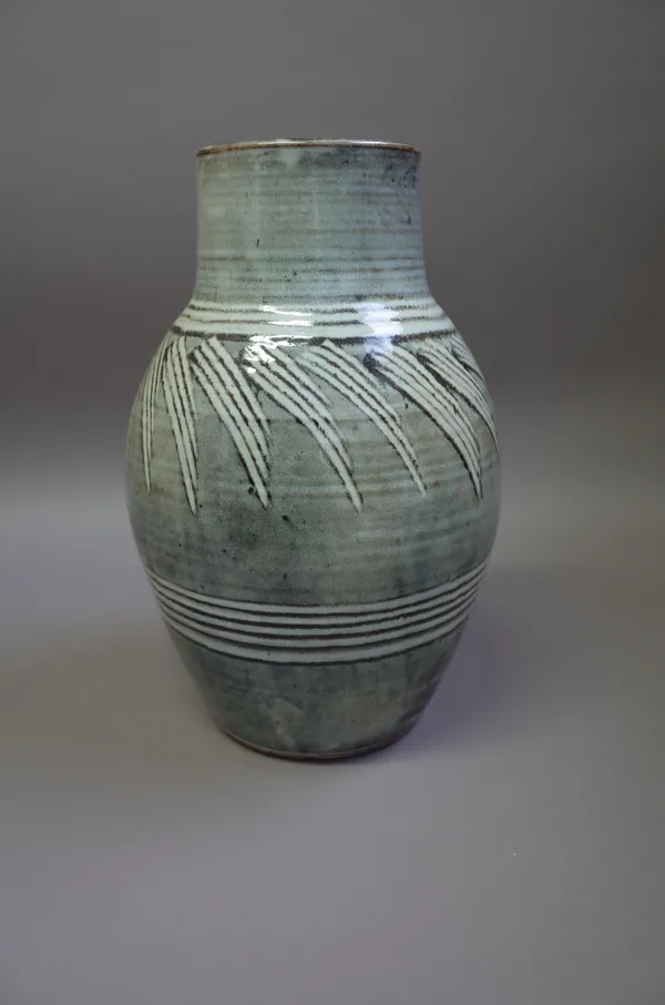 Clare Sutcliffe (1943-2019), a large stoneware vase with repeated reed pattern under ash glaze, makers mark.