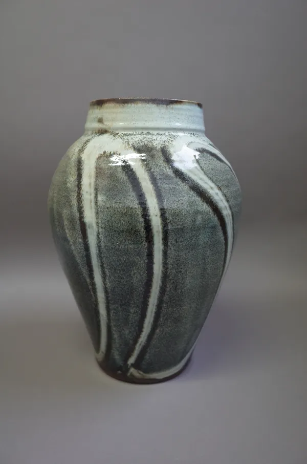 Clare Sutcliffe (1943-2019), a large stoneware vase with bold pattern under shino glaze, makers mark, 40cm high