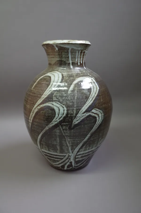 Clare Sutcliffe (1943-2019), a large stoneware vase with bold pattern under shino glaze, makers mark, 45cm high.