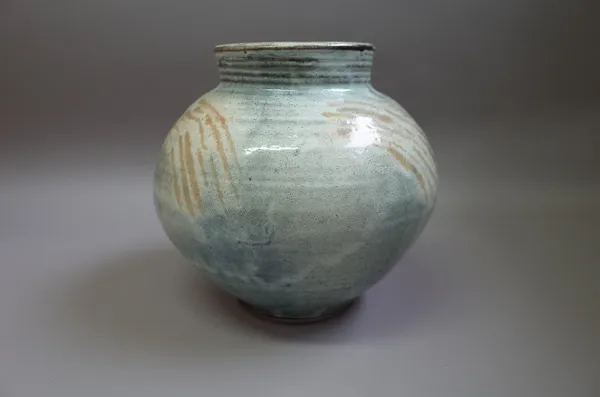 Clare Sutcliffe (1943-2019), a large rotund vase with ash glaze, makers mark, 29cm high.