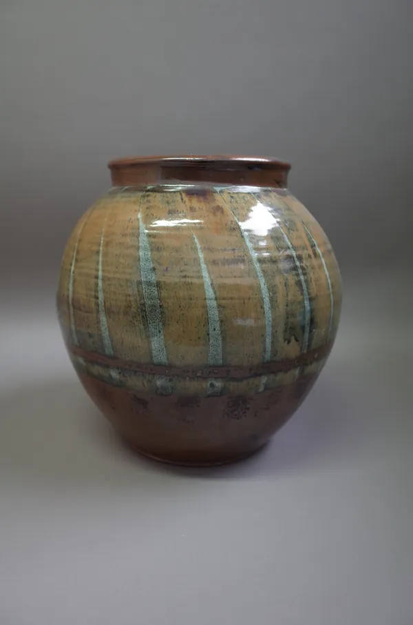 Clare Sutcliffe (1943-2019), a large rotund vase with ash glaze, makers mark, 34cm high.