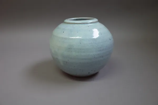 Clare Sutcliffe (1943-2019), a rotund vase with shino glaze, makers mark, 15cm high.