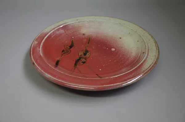 Clare Sutcliffe (1943-2019), three large platters, iron brushwork over ash glaze, wood fired, makers marks, 28cm daimeter, (3).