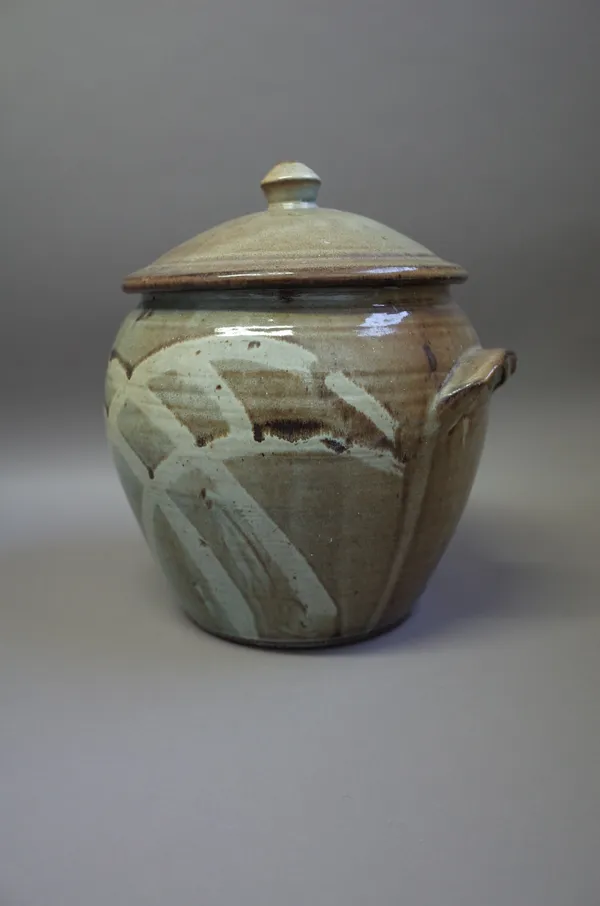 Clare Sutcliffe (1943-2019), a large lidded jar with slip decoration under ash glaze, makers mark, 38cm high.