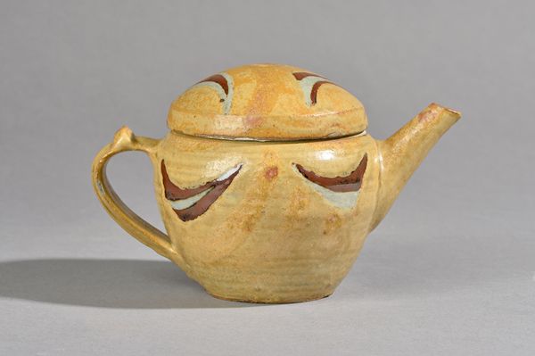 Michael OBrien, a teapot, iron decoration over ash glaze, makers mark, 13cm high.  DDS Illustrated.