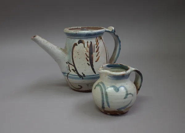 Seth Cardew (1934-2016), a coffee pot and milk jug, both with brushwork decoration, maker and Wenford Bridge marks, coffee pot 14cm high.  DDS