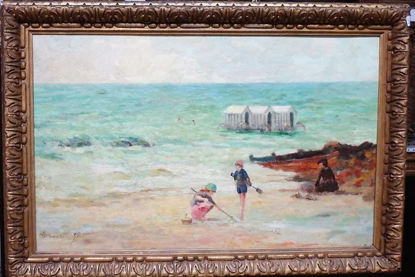 English School (early 20th century), Beach scene with children and bathing machines beyond, oil on canvas, indistinctly signed, 40cm x 65cm.